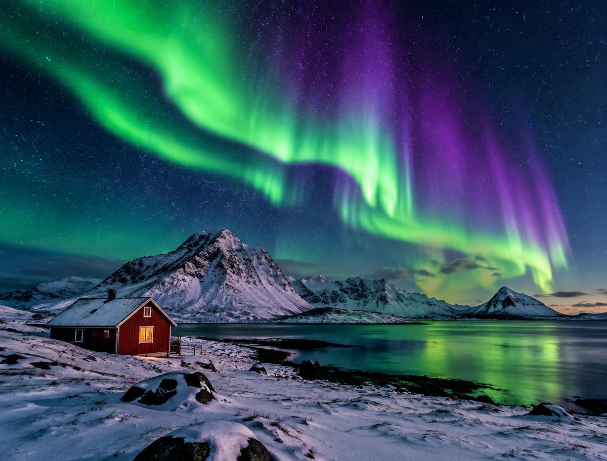 Northern lights dancing over an Icelandic winter landscape